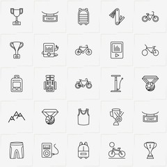 Bicycle Sport line icon set with bicycle, sport shorts and mountain