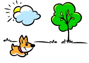 Minimalism illustration dog walk nature joy cartoon meadow tree sunny day
