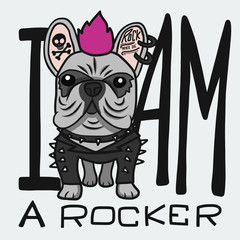Rocker French Bulldog cartoon vector illustration doodle style