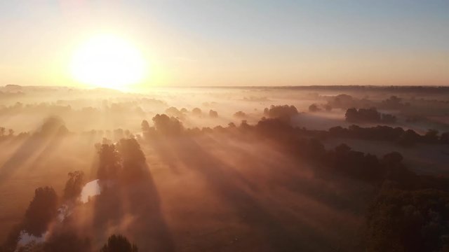 Aerial footage with camera moving sideways across the east anglian countryside with low lying mist just after sunrise with shadows being cast by trees.