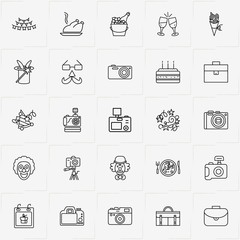 Birthday line icon set with turkey on plate, photo camera and bouquet