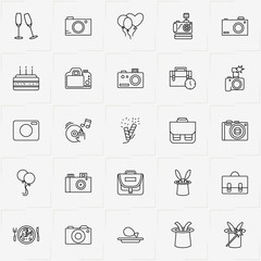 Birthday line icon set with pizza on plate, turkey on plate and photo camera