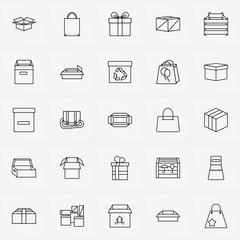 Boxes & Packages line icon set with box, bag and gift box