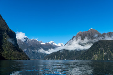 View of Milford Sound and cruise ship aboard Ship
