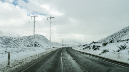 Snow on The road view  in New Zealand