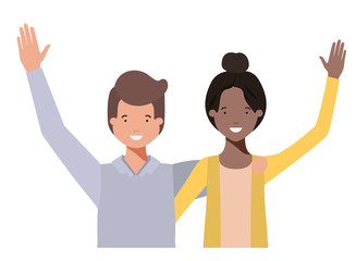 young couple with hands up avatar character