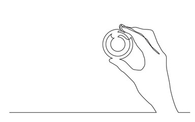 continuous line drawing of hand holding photographic camera lens