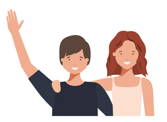young couple with hands up avatar character