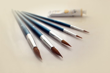 brush for painting, group of objects on a light background. close-up