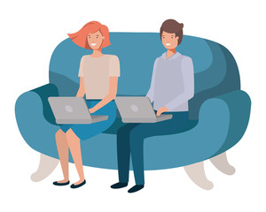 Fototapeta na wymiar young couple using laptop in the sofa avatar character