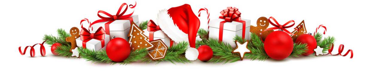 Weihnachtsschmuck mit Geschenken, Lebkuchen, Nikolaus Mütze, Weihnachtskugeln und Tannenzweige - Banner - 226913668