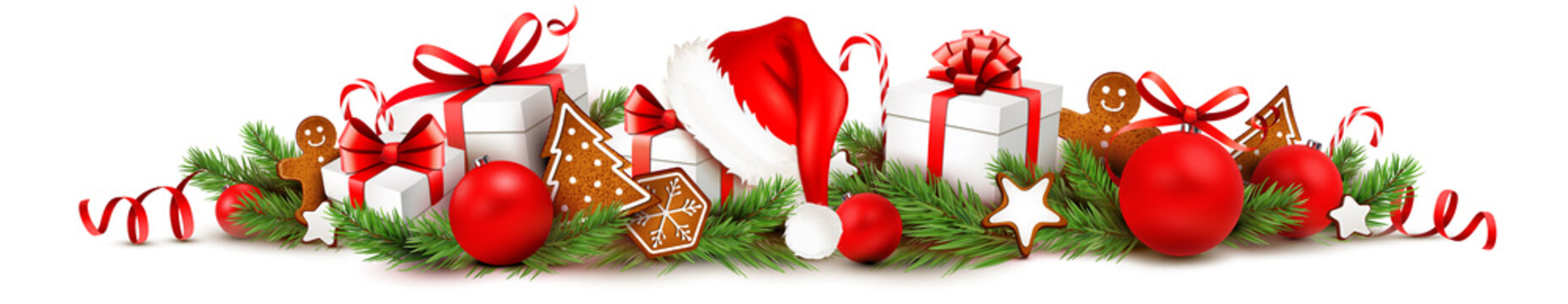 Weihnachtsschmuck mit Geschenken, Lebkuchen, Nikolaus Mütze, Weihnachtskugeln und Tannenzweige - Banner