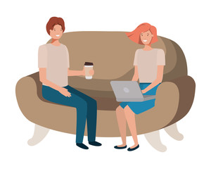 young couple using laptop in the sofa avatar character