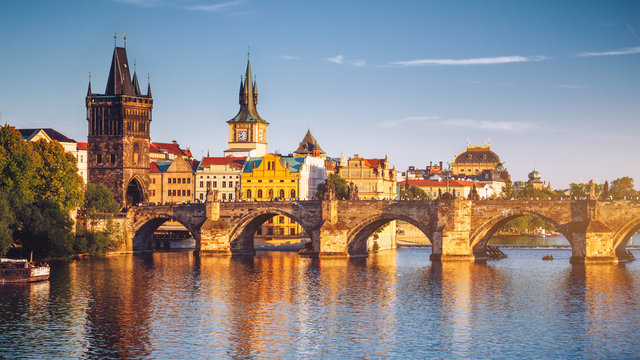 Czech Republic, Prague panorama with historic Charles Bridge and Vltava river