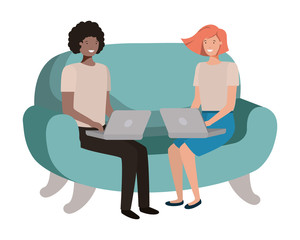 young couple using laptop in the sofa avatar character