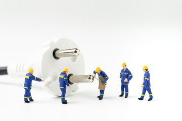 Sustainable energy, power consumption or electricity innovation concept, miniature people worker,...