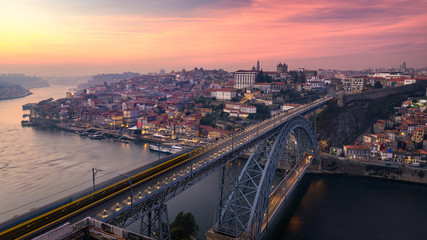 Fototapeta na wymiar View of the historic city of Porto with the Dom Luiz bridge. Portugal, Porto