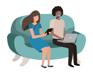 young couple using laptop in the sofa avatar character