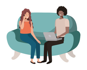 young couple using laptop in the sofa avatar character