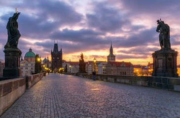 Morning view of Charles Bridge in Prague, Czech Republic. The Charles Bridge is one of the most visited sights in Prague. Architecture and landmark of Prague