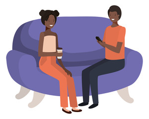 couple using smartphone in the sofa avatar character 