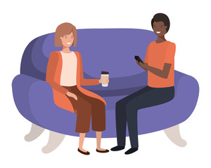 couple using smartphone in the sofa avatar character 