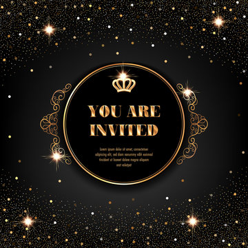 VIP invitation template with golden crown and sparkling confetti on black background