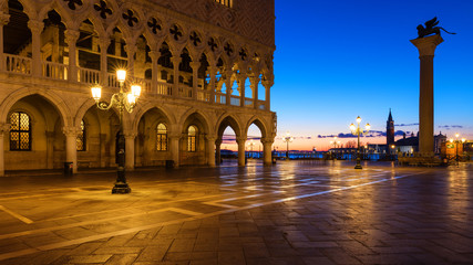 Piazza San Marco at sunrise, Vinice, Italy. Doges Palace (Palazzo Ducale) on Saint Mark square at sunrise, Venice, Venezia, Italy, Europe