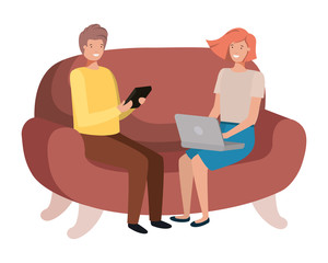 Fototapeta na wymiar young couple using laptop in the sofa avatar character
