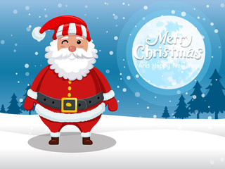 Merry Christmas and happy new year. Cartoon Santa Claus standing in the snow with on the moon background. Vector Illustration.