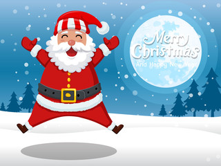 Merry Christmas and happy new year. Cartoon Santa Claus standing in the snow with on the moon background. Vector Illustration.