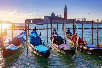 Sunny day in San Marco square, Venice, Italy. Venice Grand Canal. Architecture and landmarks of Venice. Venice postcard with Venice gondolas © daliu