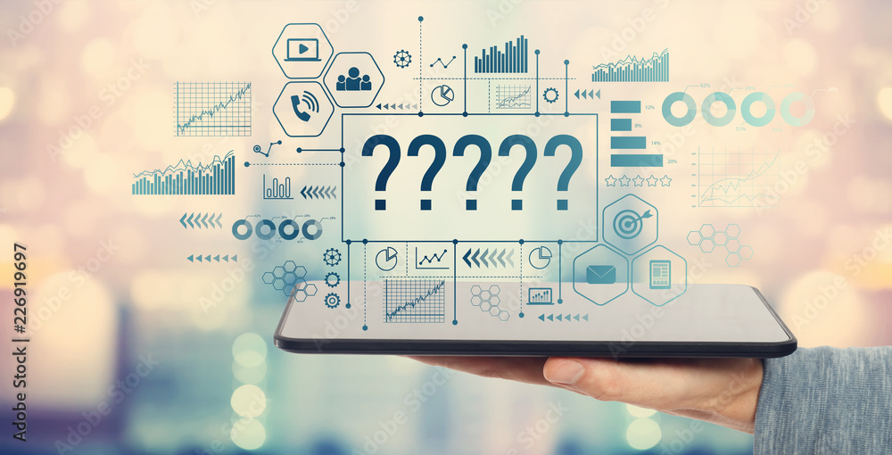 Poster question marks with man holding a tablet computer