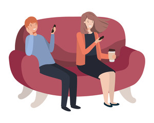 Fototapeta premium couple using smartphone in the sofa avatar character 