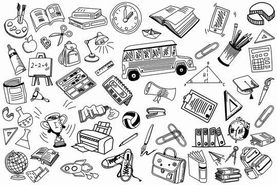 School and education doodles hand drawn sketch with symbols and objects. Education concept