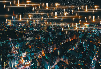 Fototapeta na wymiar Exclamation Marks with aerial view of Tokyo, Japan at night