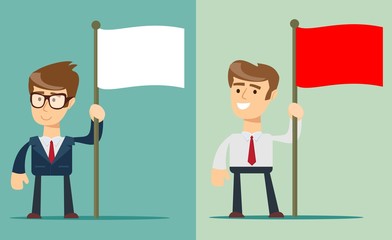 A portrait of a young man holding a red and white flag isolated on background. Vector illustration flat design