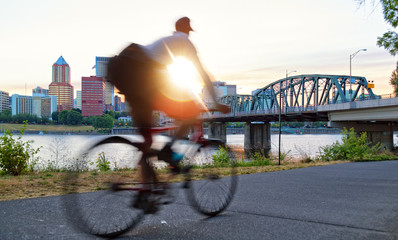 Biker in Portland at sunset 