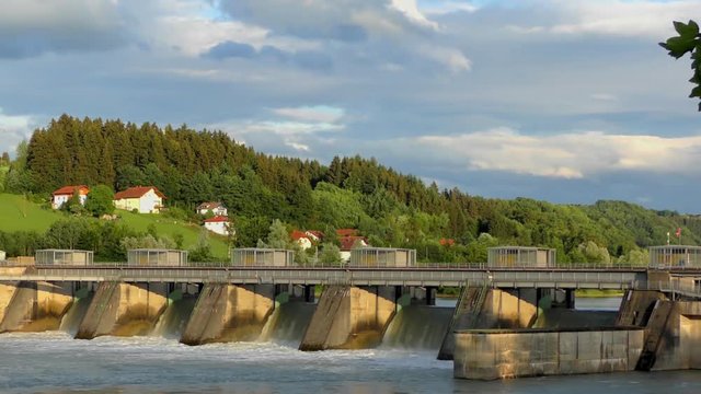 Spillway of the Passau-Ingling hydroelectric dam in Passau, Bayern, Germany