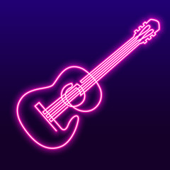 Neon pink light lamp continuous line drawing of acoustic guitar vector. Musical instrument single line for decoration, design, invitation jazz festival, music shop