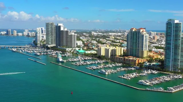 Aerial establishing aerial footage Miami Beach Marina
