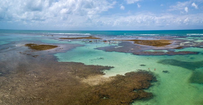 Aerial view of Morer&eacute; Reefs, Morer&eacute; Beach, during low tide, natural pools, Boipeba Island
