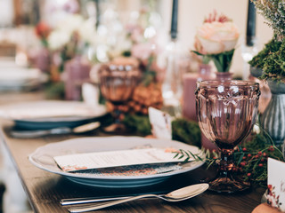Perfect wedding decoration. Flower table decorations for wedding party. Wedding Setup.