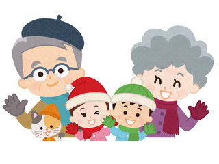 祖父母と孫とペットの猫　冬服