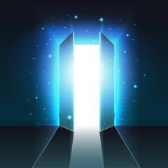 Mystical light from the open double door of a dark room, abstract glowing exit, background, open door template, mock up