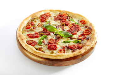 Pizza with Cherry Tomato, Mozzarella Cheese and Tomato Sauce Isolated