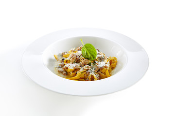 Homemade Italian Tagliatelle with Mushroom Stew and Truffles Isolated