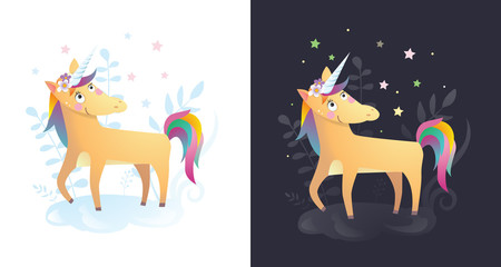 Funny unicorn vector humor color illustration set