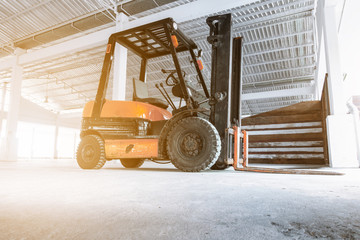 Forklift Truck in Storage Warehouse Ship Yard, Vehicle Factory and Distribution Machine for...