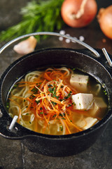 Traditional Asian Soup with Noodles and Chicken